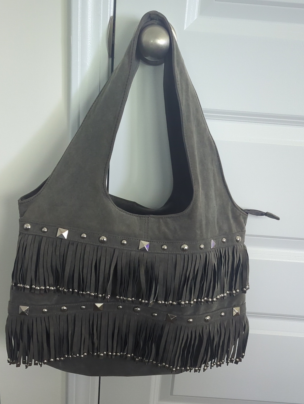 Fringed Denim & Silver Studded Shoulder Bag in Gray 18Wx10L Strap 12L